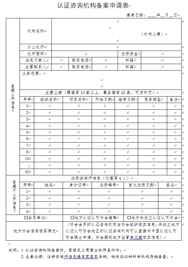 认证咨询机构备案申请表