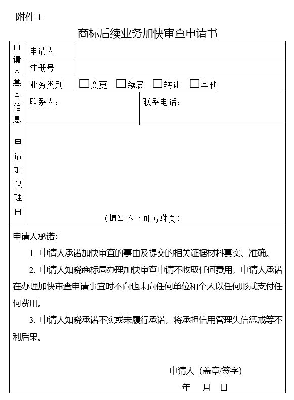 商标变更、转让、续展、注销等后续业务加速审查申请指南